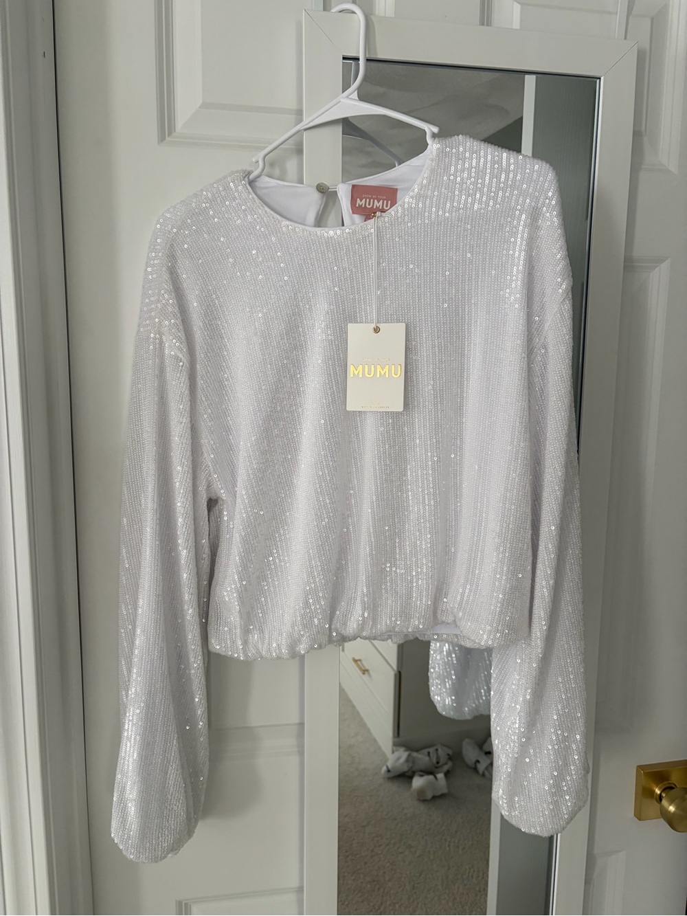 Show Me Your MuMu White Sequin Long-Sleeve Crop Top